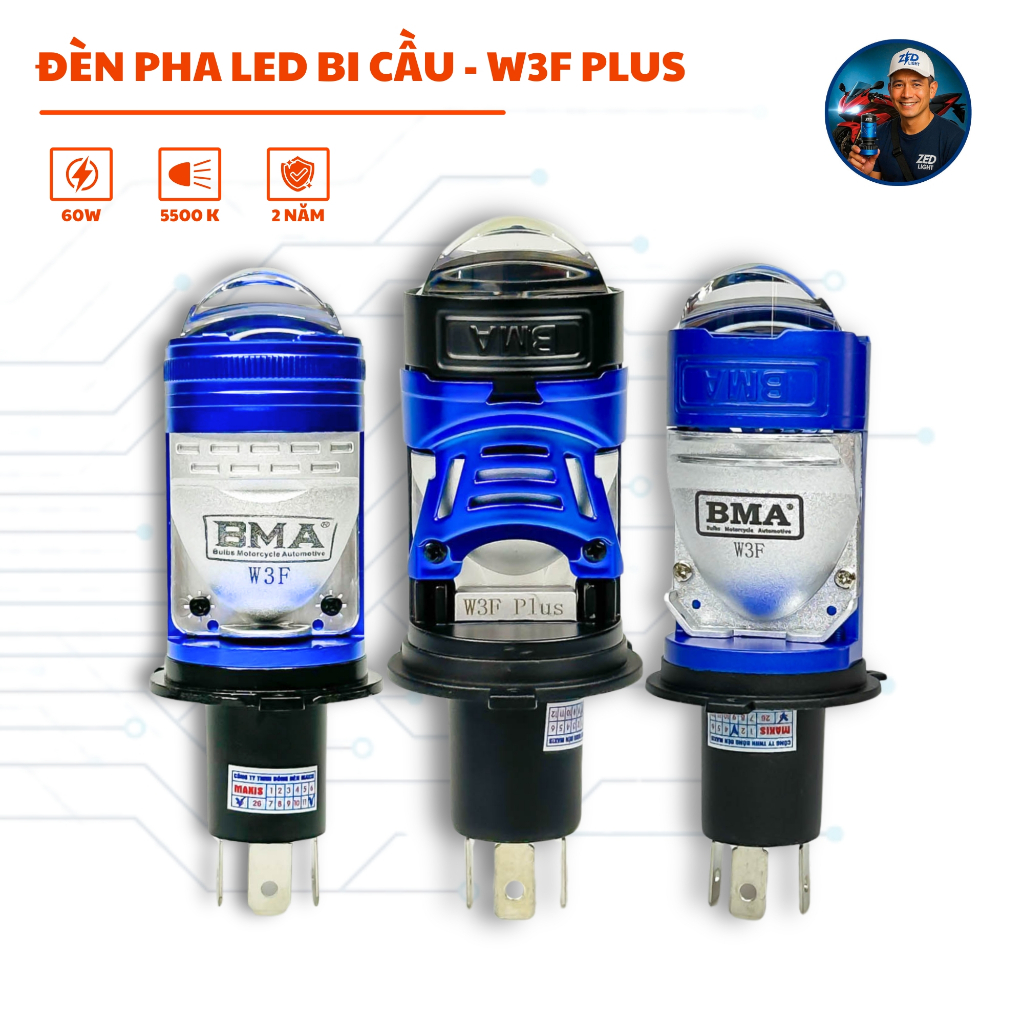 W3F PLUS ไฟหน้าบอล, W3F BMA New Edition 2025 - เหมาะกับรถยนต์, รถจักรยานยนต์, ไฟตึง 55W พร้อมไฟหน้าเ