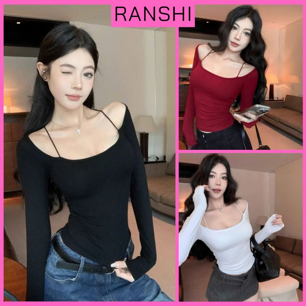 [AVAILABLE SIZE] RANSHI เสื้อปาดไหล่แขนยาว บอดี้คอนเซ็กซี่ ใส่คาเฟ่และออกไปข้างนอก ผ้าฝ้าย - RA341