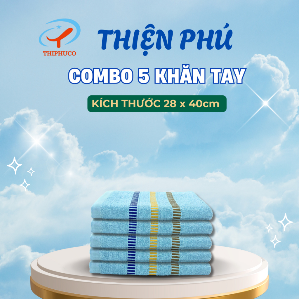 COMBO 5 ผ้าเช็ดหน้าผ้าฝ้าย Z652-1 Thien Pu 28x40x35g ใยฝ้ายธรรมชาติ บาง เบา ดูดซับน้ําได้ดี