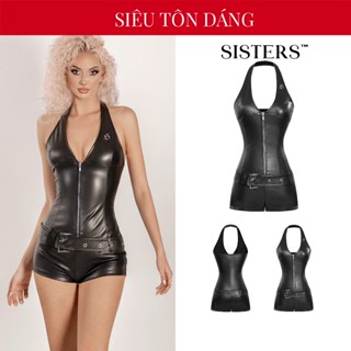SISTERS จั๊มสูทหนังผู้หญิงแบบสั้นเปิดหลังและคล้องคอซิปเซ็กซี…