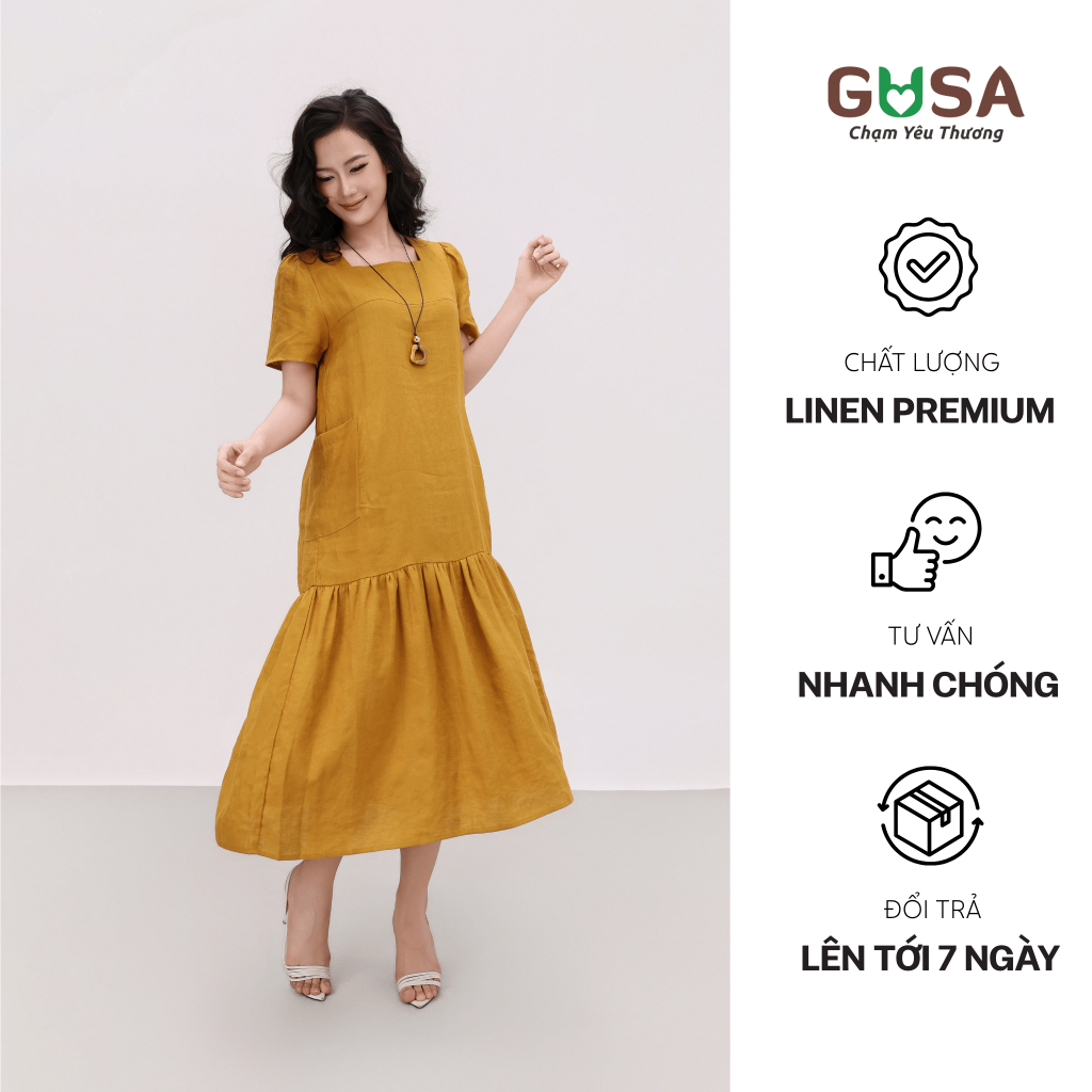 [รูปถ่ายจริง] เดรสคอเหลี่ยมมีกระเป๋านูน DSU-031 Premium Linen