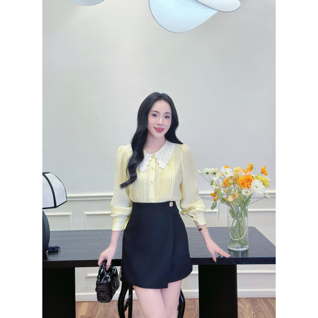 เสื้อไหมสีเหลืองคอปกลูกไม้ - เสื้อผ้า Liin - SMD066MIX-S25