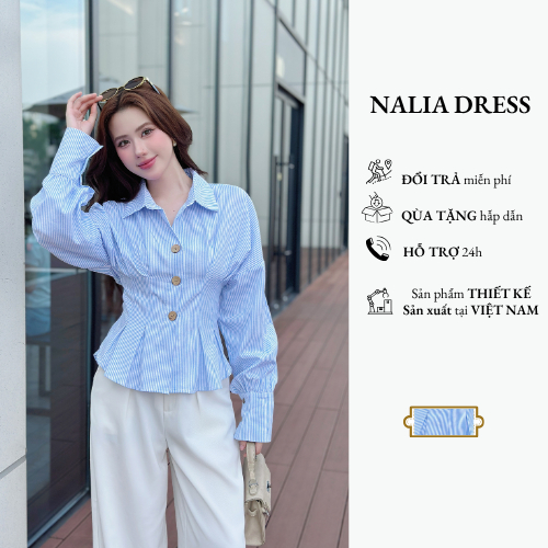 NALIA NESS - เสื้อเชิ้ตแขนยาวผ้าฝ้ายลายทางและกระดุม 3 เม็ด