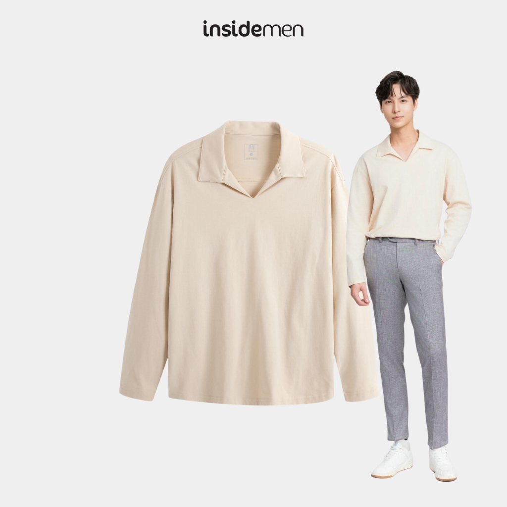INSIDEMEN เสื้อยืดโปโลแขนยาวผู้ชายVคอเปิดลงผ้าฝ้าย 100% เกาหลีหลวมสไตล์Unisex ILP001W3