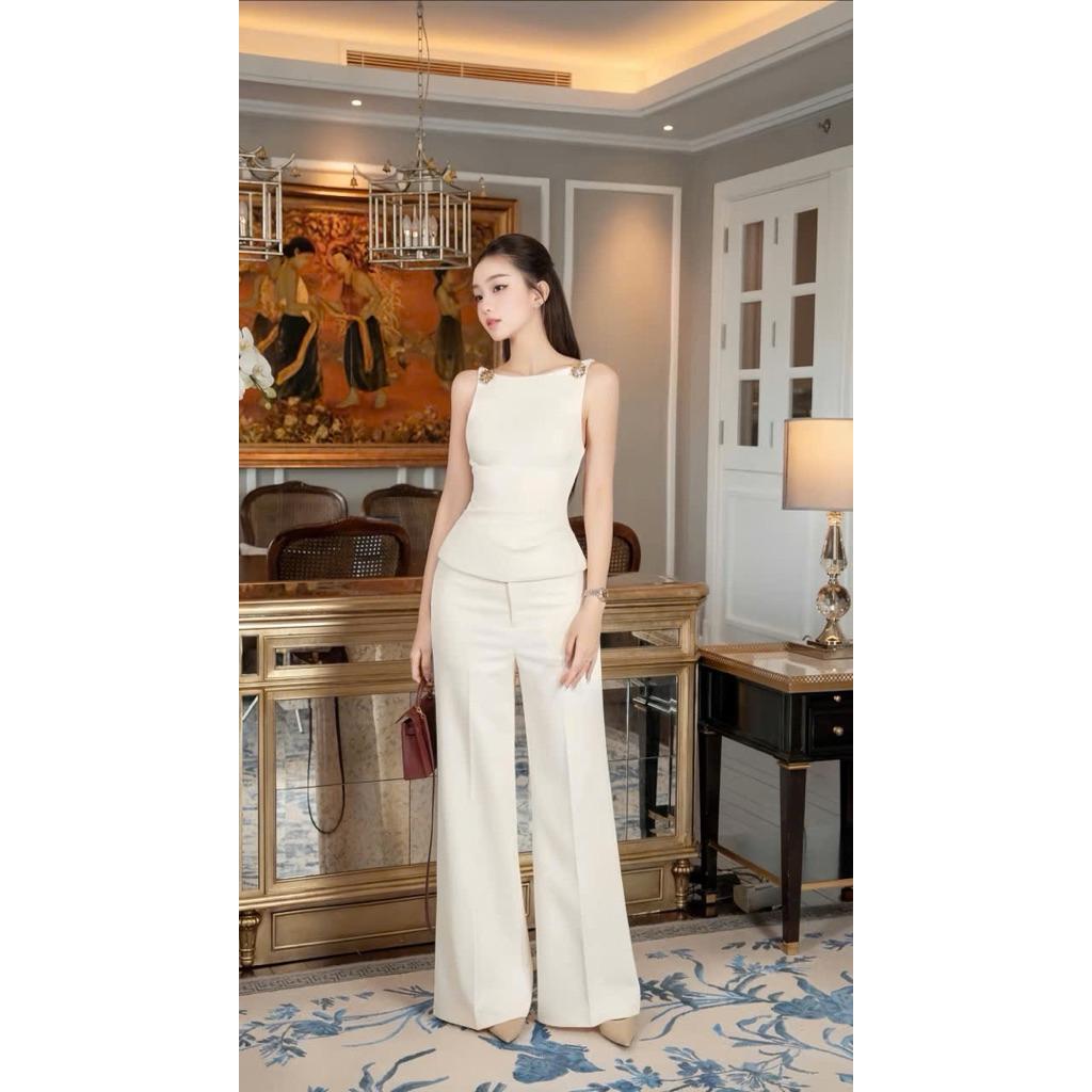 BECHIC womens Set เสื้อกล้ามพร้อมแอพไหล่ลายดอกไม้และกางเกงผ้าฝ้ายเย็นสไตล์เกาหลีหรูหรา