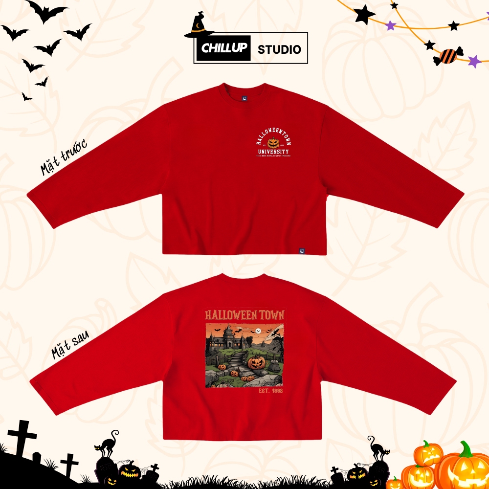 เสื้อยืดคอกลมแขนยาว Boxy พิมพ์โลกฮาโลวีนโดย CHILLUP STUDIO BST168 4-Way ผ้าฝ้ายยืด