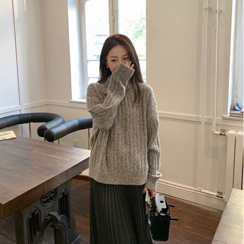 Wgwe เสื้อสเวตเตอร์แขนยาวคอกลมทรงหลวมเกาหลี W7198