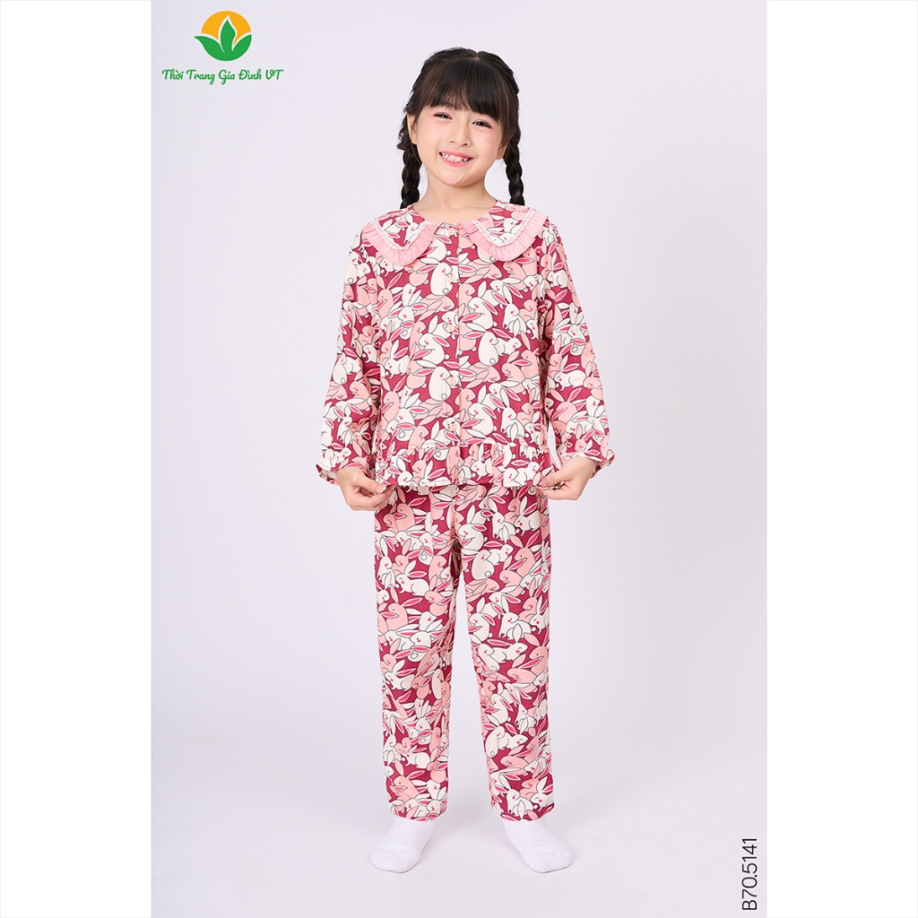 Viet Thang girls home wear set ทําจากผ้าฝ้ายเรยอนเนื้อนุ่ม กางเกงขายาว เสื้อแขนยาวคอปกโบว์ B70.5141