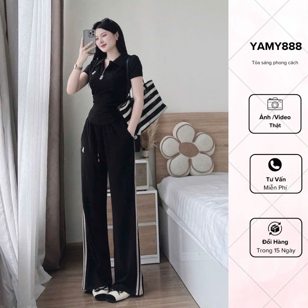 ชุดกีฬาคอปกเปิดลง Crotop ผสมกางเกงทรงหลวม QC Sb6494 - Yanmy888