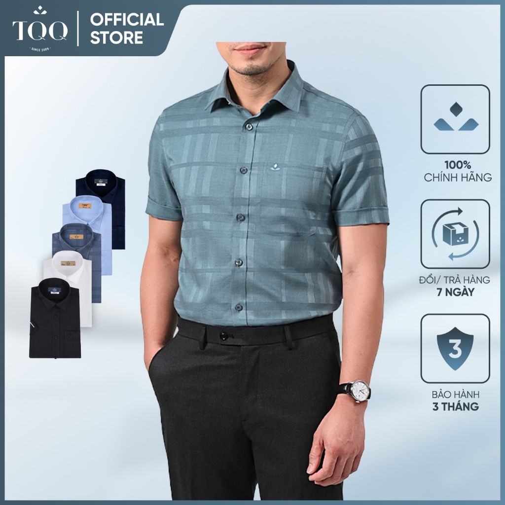 TQQ Slimfit K414CSC-CB เก้าอี้สํานักงานแขนสั้นผู้ชายทําจากผ้าฝ้ายเทียม ไม่ต้องรีด