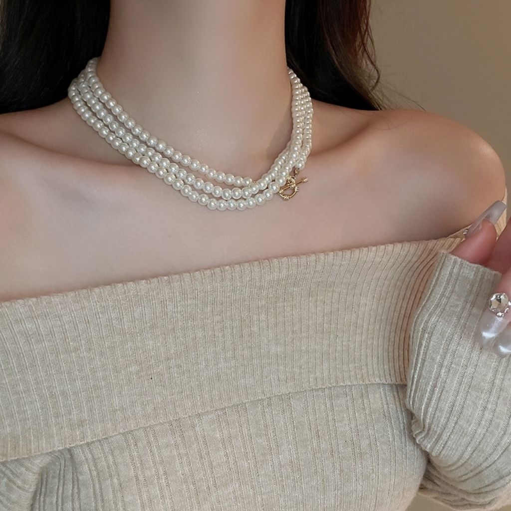 สร้อยคอมุกหิน 120 ซม. โซ่ 3 ห่วงหรูหราและมีเกียรติพร้อมตัวล็อคหน้าOT