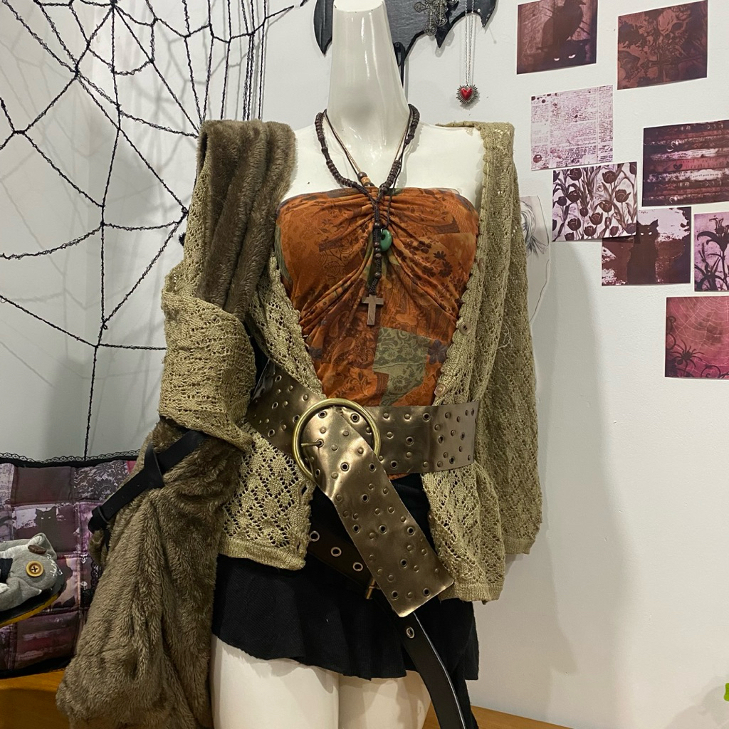 (2hand) คาร์ดิแกน Set + เสื้อคล้องคอลายpacthwork bho grunge วินเทจ