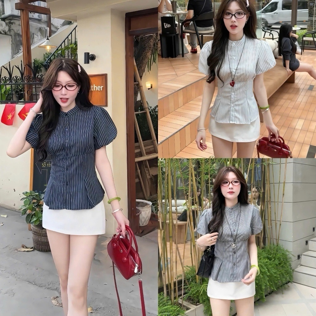 LAM ANH TRAN MA9067 เสื้อเชิ้ตผ้าลินินสวยแขนพองและคอปก