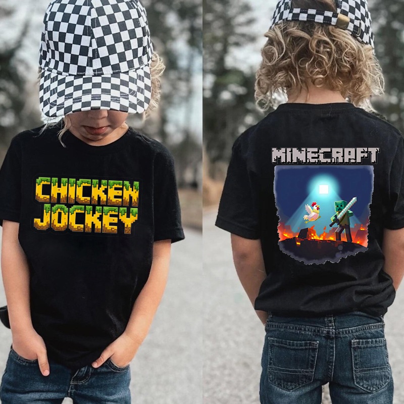เสื้อยืดเด็กพิมพ์ลาย Chicken Jokey Minecraft เสื้อยืดสีดําสําหรับเด็กผู้หญิง ผ้าโพลีไทยเนื้อนุ่ม เย็