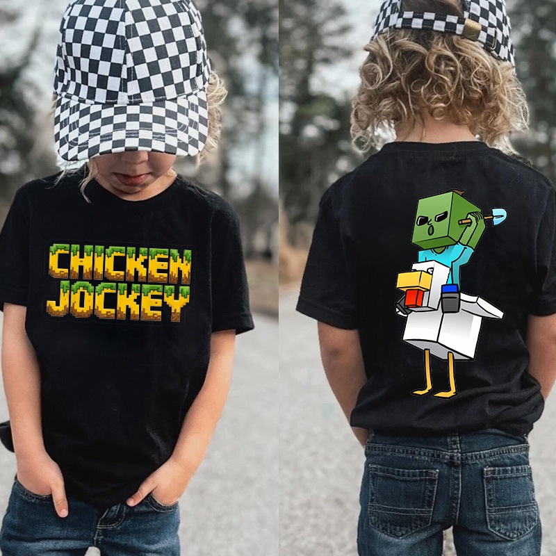 เสื้อยืดเด็กพิมพ์ลาย Chicken Jokey Minecraft เสื้อยืดสีดําสําหรับเด็กผู้หญิง ผ้าโพลีไทยเนื้อนุ่ม เย็