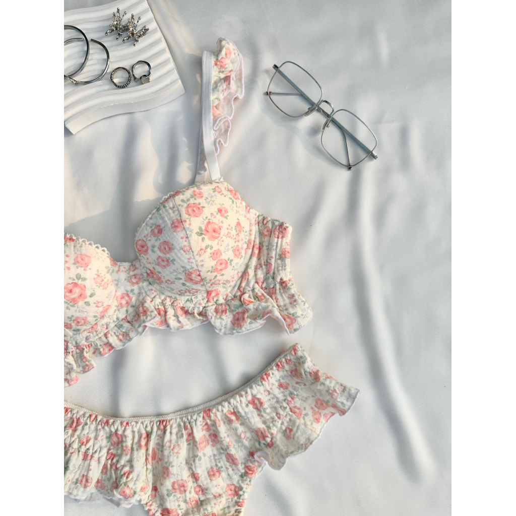 เซ็ตชุดชั้นในสตรี บรามีโครงฟองบาง ปีกนางฟ้าระบาย ผ้ามัสลินลายดอกไม้น่ารัก - รูปที่ 2