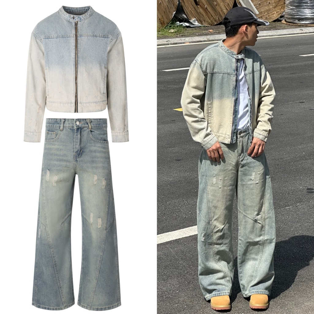COMBO DENIM JACKET / EMBOSSED + WIDE-LET JEANS สําหรับผู้ชายและผู้หญิง SHOP NO. 23 - [189-072-146-16