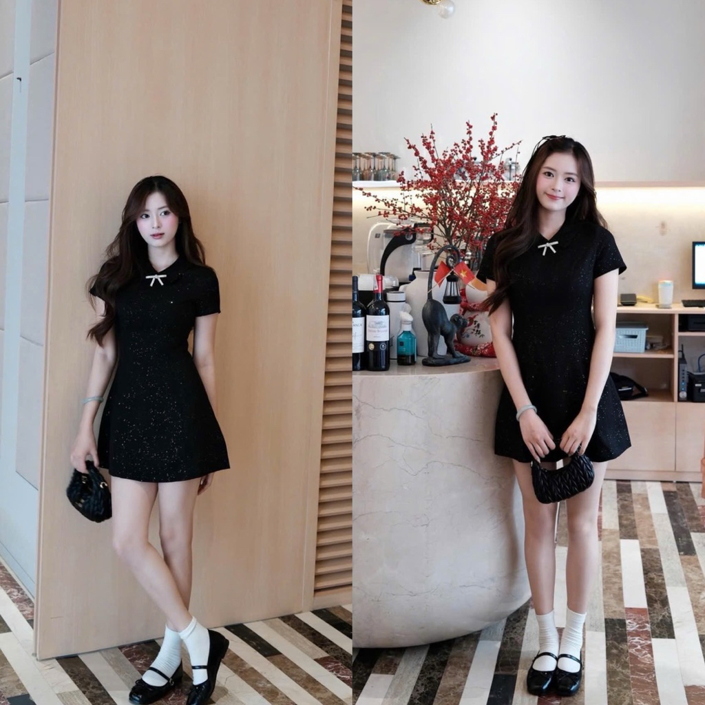 [โวลต์1.1079] ชุดเดรสกํามะหยี่สเปรย์เมทัลลิกพร้อมปกเสื้อพร้อมโบว์ถอดออกได้ทรงเอ 2 ชั้น