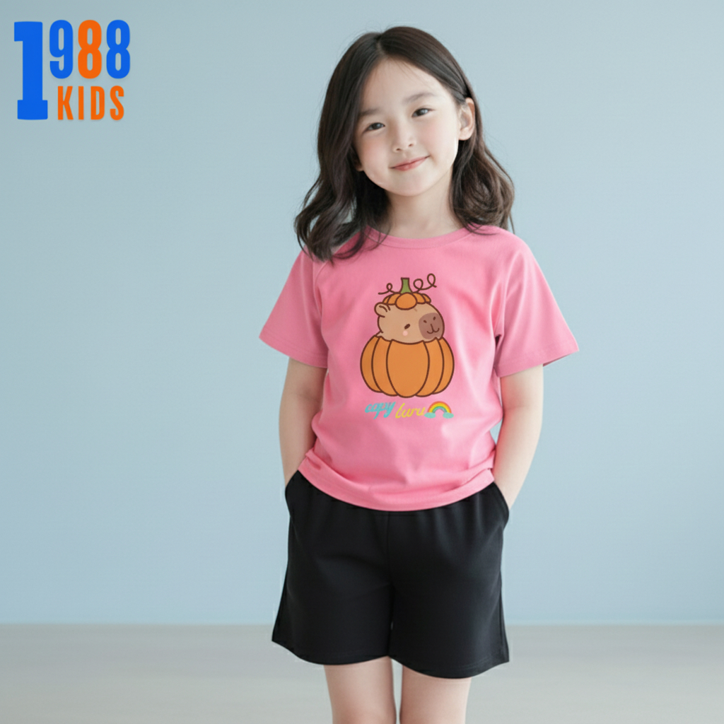เสื้อยืดเด็กพิมพ์ลาย Capybara Pumpkin หลากสี เสื้อยืดผ้าฝ้ายสุดเท่สําหรับเด็กทารกตั้งแต่ 15-40กิโลกร