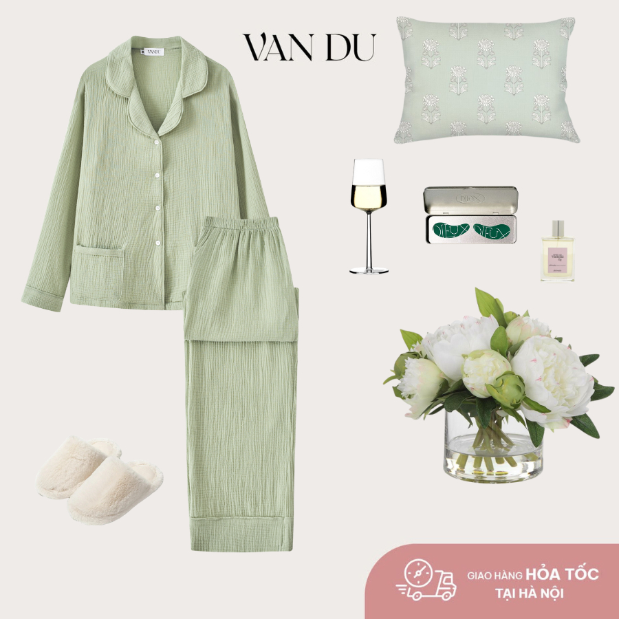 ชุดนอนสตรีผ้าฝ้าย Muslin ชุดนอนแขนยาวคุณภาพสูง VD21 VAN DU