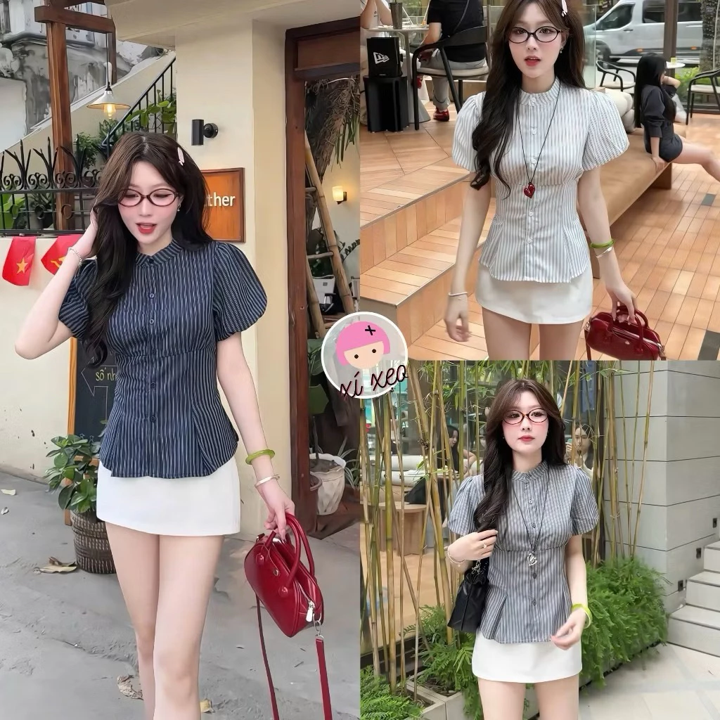 เคนโก้ เสื้อคอปกเอวลายสก็อตลินินสวยแขนพอง - ก9067