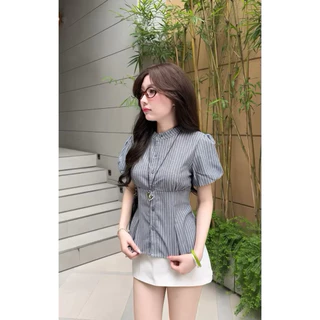 เคนโก้ เสื้อคอปกเอวลายสก็อตลินินสวยแขนพอง - ก9067