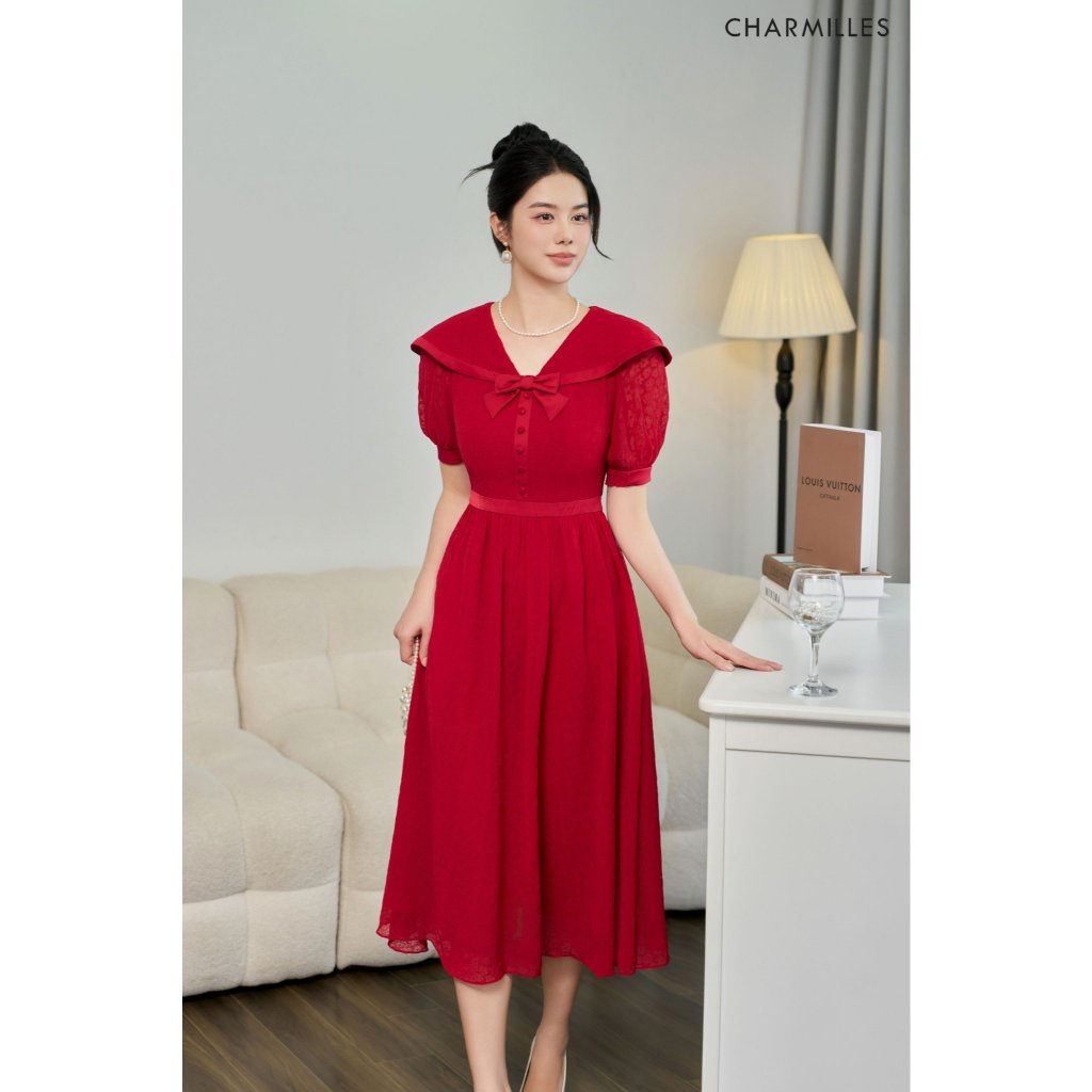CHARMILLES เดรสจับจีบคอปกโบว์ 24MD313DM