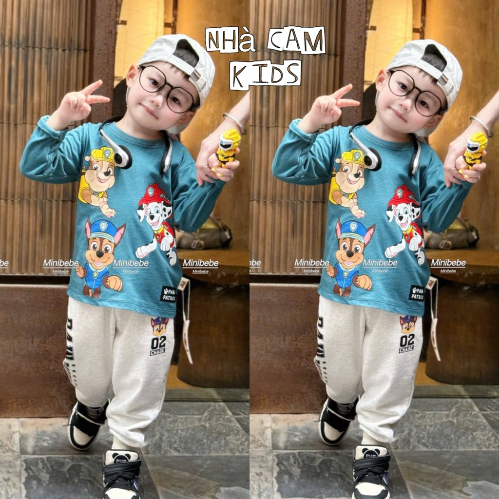 ชุดแขนยาวสุนัขกู้ภัยผ้าฝ้ายเสื้อสีฟ้า กางเกงขนแกะสีเทาสําหรับเด็ก