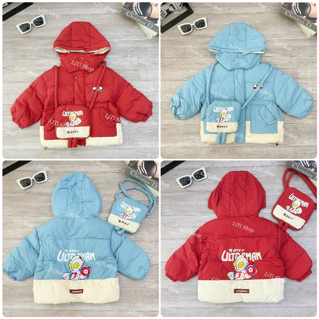 Boys Superman Down Jacket - มาพร้อมกระเป๋าสะพายข้างซูเปอร์ฮีโร่และของเล่นซูเปอร์ฮีโร่พร้อมไฟด้านหลัง
