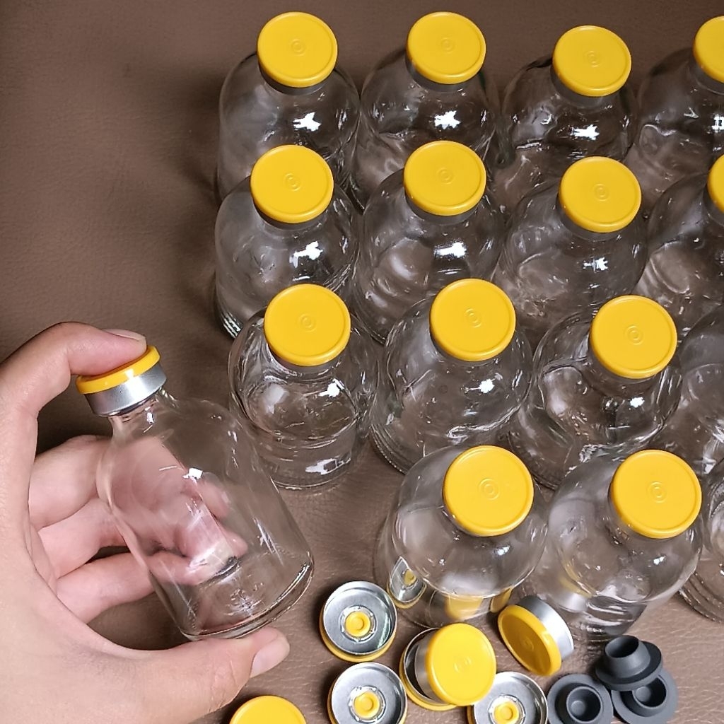 [COMBO 100 50 CC GLASS BOTTLES + RUBBER CAP + ALUMINIUM LID]