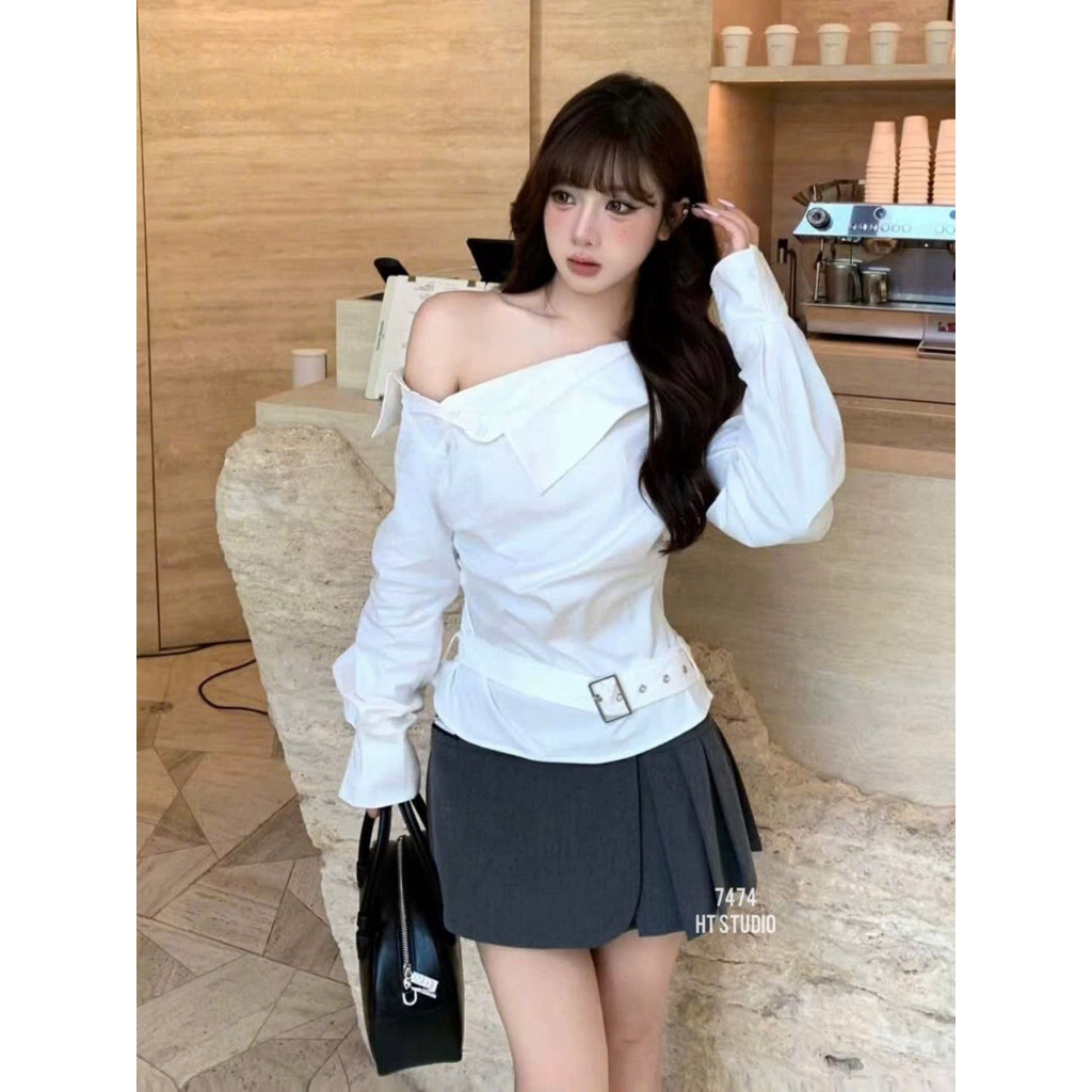 WGWE• เสื้อปาดไหล่แขนยาวพร้อมเข็มขัด 7474 wgwe hot QC product size SM