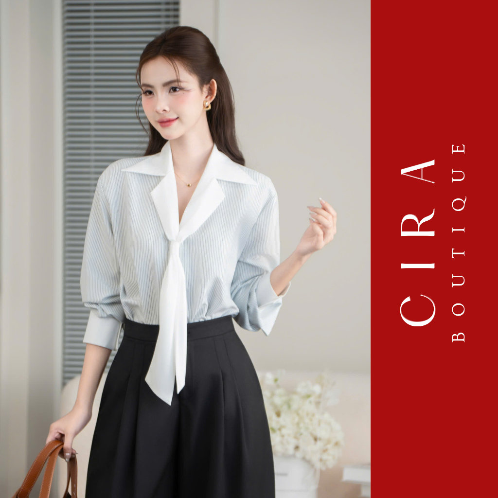 เสื้อลาย Cira Boutique ปกสีขาวสไตล์ผู้หญิงอ่อนเยาว์ง่ายต่อการพิกัด A1452