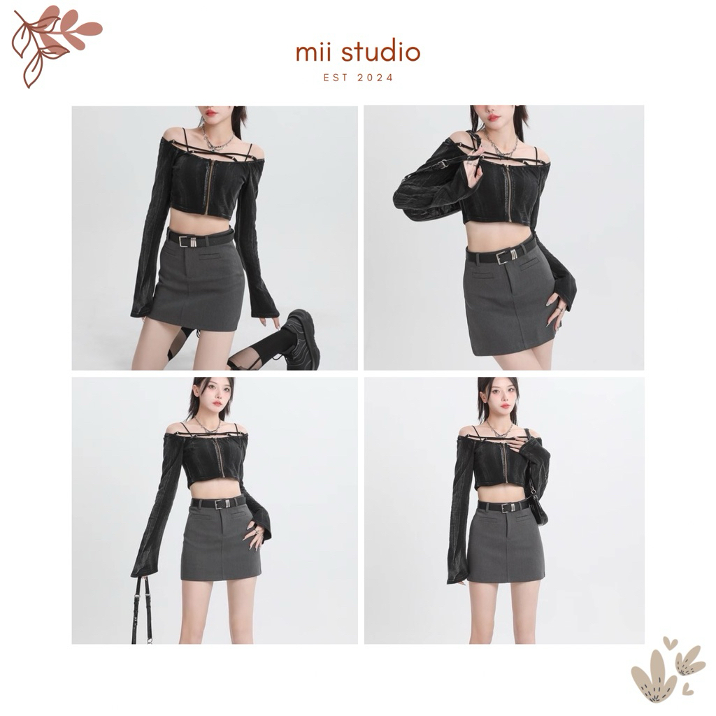 ภาพจริง กระโปรงทรงเอ Y-Jia สีเทา ดีไซน์เอวสูงเพื่อทําให้รูปร่างของคุณ