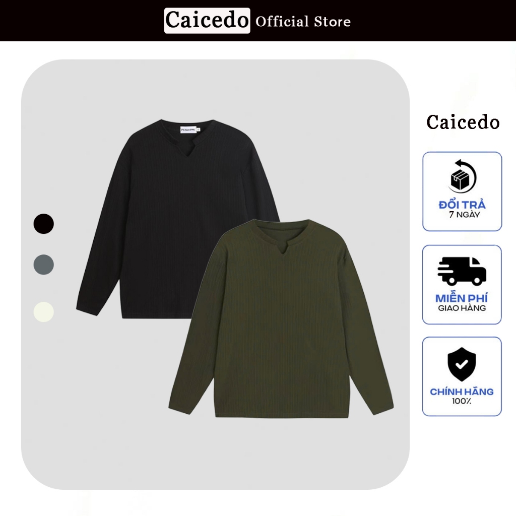 เสื้อยืดคอวีแขนยาวผู้ชาย ทรงตรง ผ้าร่องยืดนุ่ม สีขาวและดํา Caicedo ATV-DT