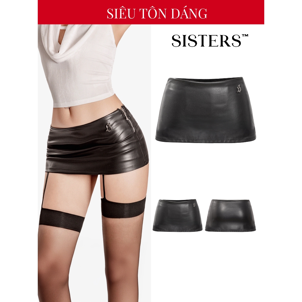 SISTERS กระโปรงหนังรัดรูปสั้นสุดมีซิปและโลโก้รูปและกางเกงด้านในสีดํา Mini Skirt Keely | SS-V52
