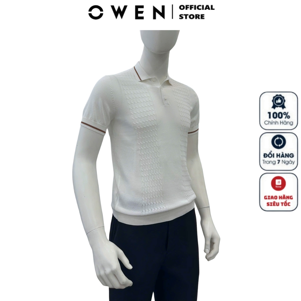 OWEN ALP เสื้อโปโลผู้ชายแขนสั้นคอปก251289สีขาว N ปกน้ําตาล เนื้อไนล่อนนิ่ม คุณภาพสูง แบบเข้ารูป หุ่น