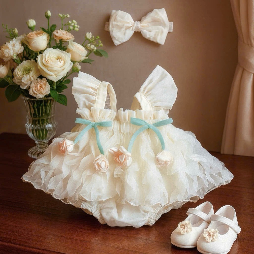 Body Wavy Lace Cream Fairy Tail Dress with Flowers for Baby 3-12kg