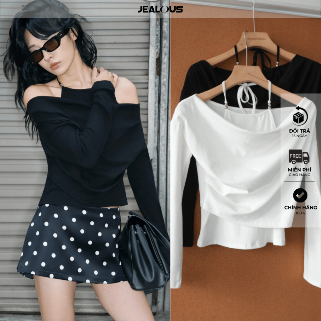 Axis Top - JealousHouse - เสื้อยืดแขนยาวคอปกผูกสองชั้นพร้อมลูกปัด - 11660