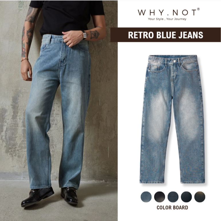 [HEN NGUYEN QUNH CHAU x WHY.NOT] กางเกงยีนส์ผู้ชาย WHY NOT RETRO BLUE ขากว้างสีฟ้าอ่อน