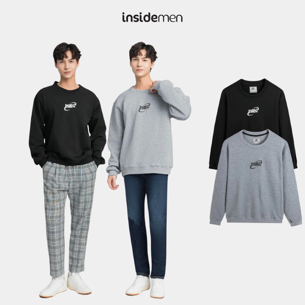 Insidemen เสื้อยืดแขนยาวผู้ชายฤดูใบไม้ร่วง-ฤดูหนาว warm Sweatshirt regluar สีดําและสีขาว ISW020W3