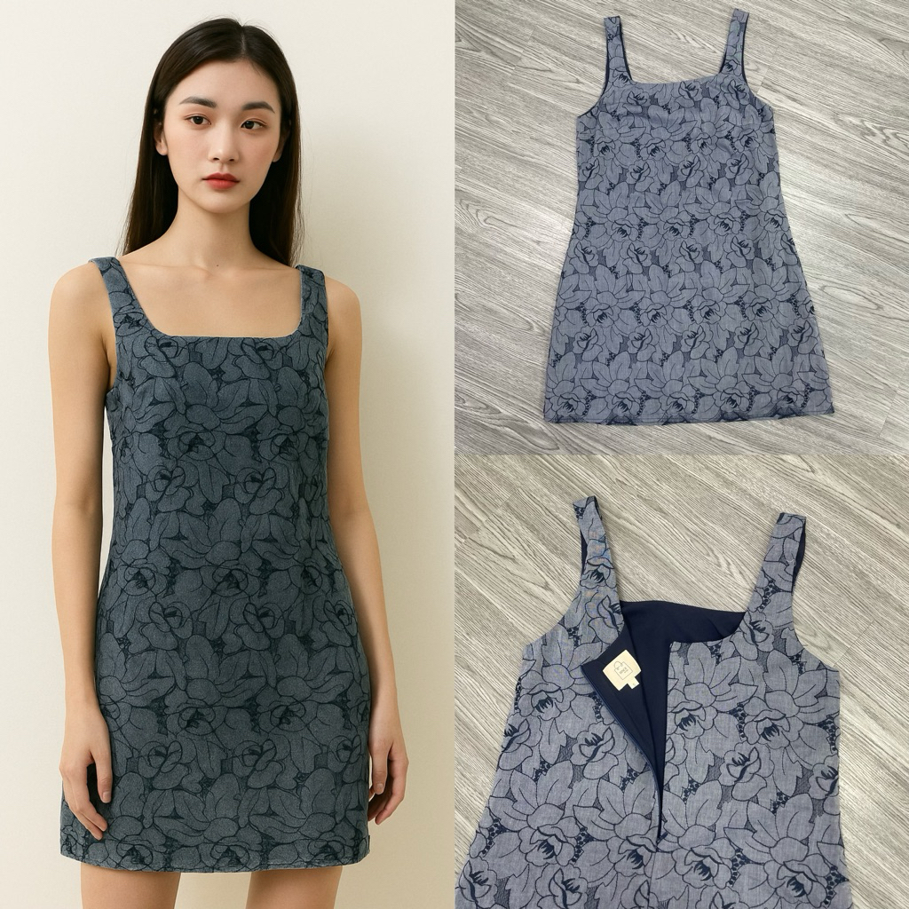 THE HIFU - เดรสทรงตรงคอเหลี่ยม 2 สายดีไซน์ผ้าปักลายดอกไม้วินเทจ