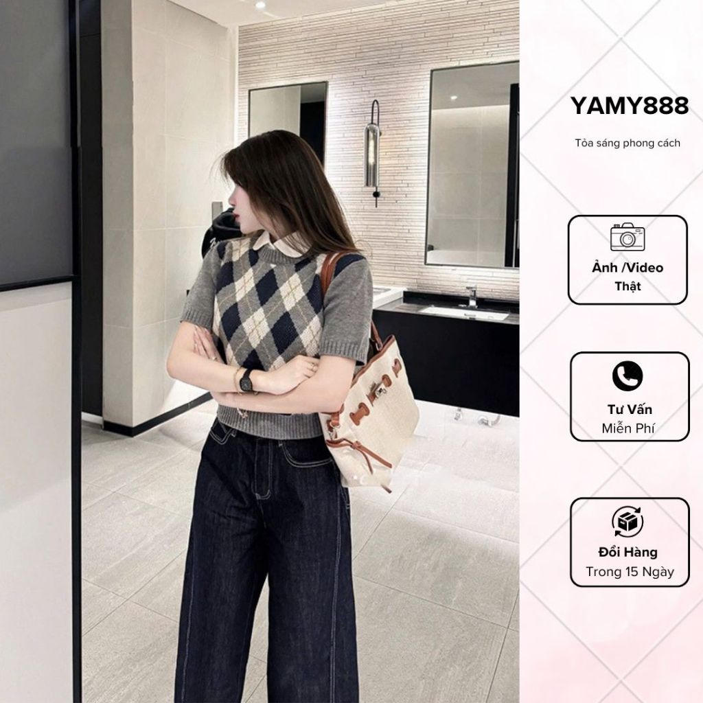 เสื้อสเวตเตอร์แขนสั้นปักตัวอักษรสั้นหนา Easy-to-Coordinate Ap355 - Yamy888