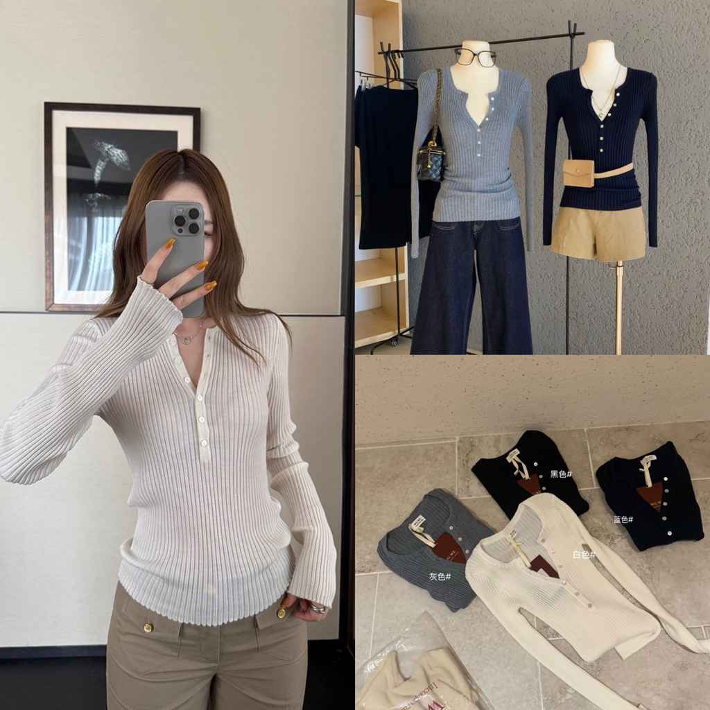 NHY.studio /WGWE/ สเวตเตอร์ทอบางกระดุมหน้าอก 7392