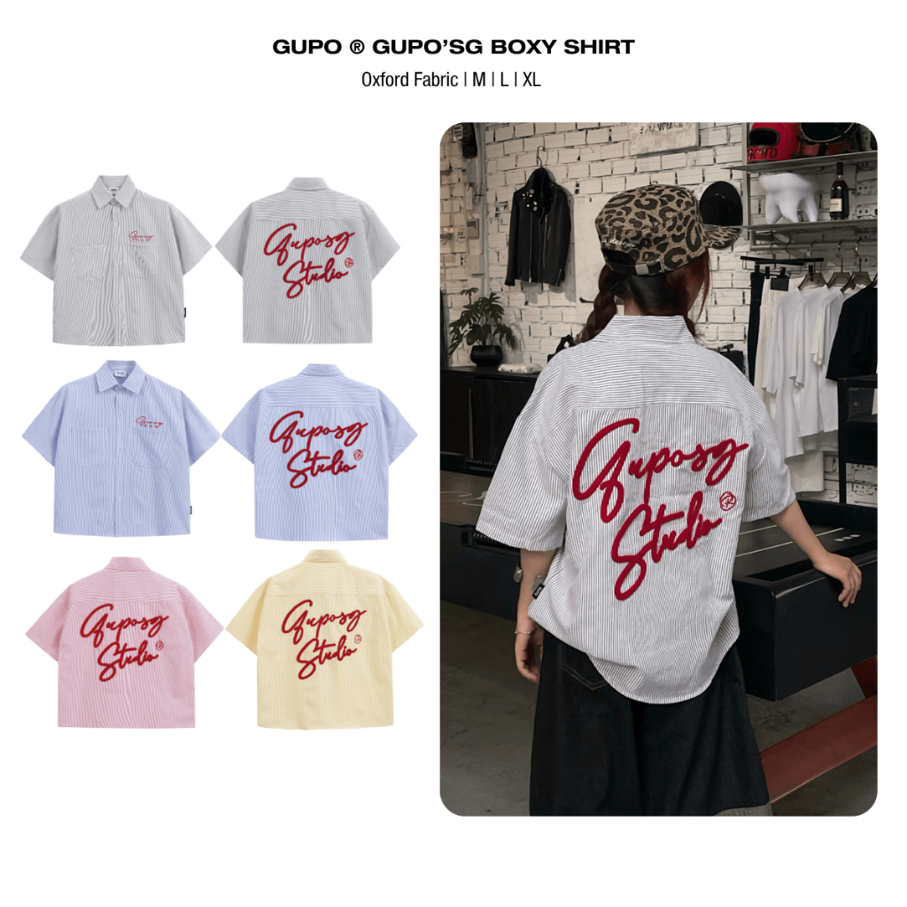 GUPOsg Studio Ruffled ปัก Boxy เสื้อ Oxford แขนสั้นสําหรับผู้ชายและผู้หญิงแบรนด์ท้องถิ่น - TS04