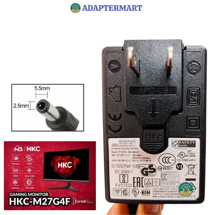 HKC M27G4F 12v 3a สายไฟจอคอมพิวเตอร์, อะแดปเตอร์แปลงไฟ HCK ขนาด 27 นิ้ว