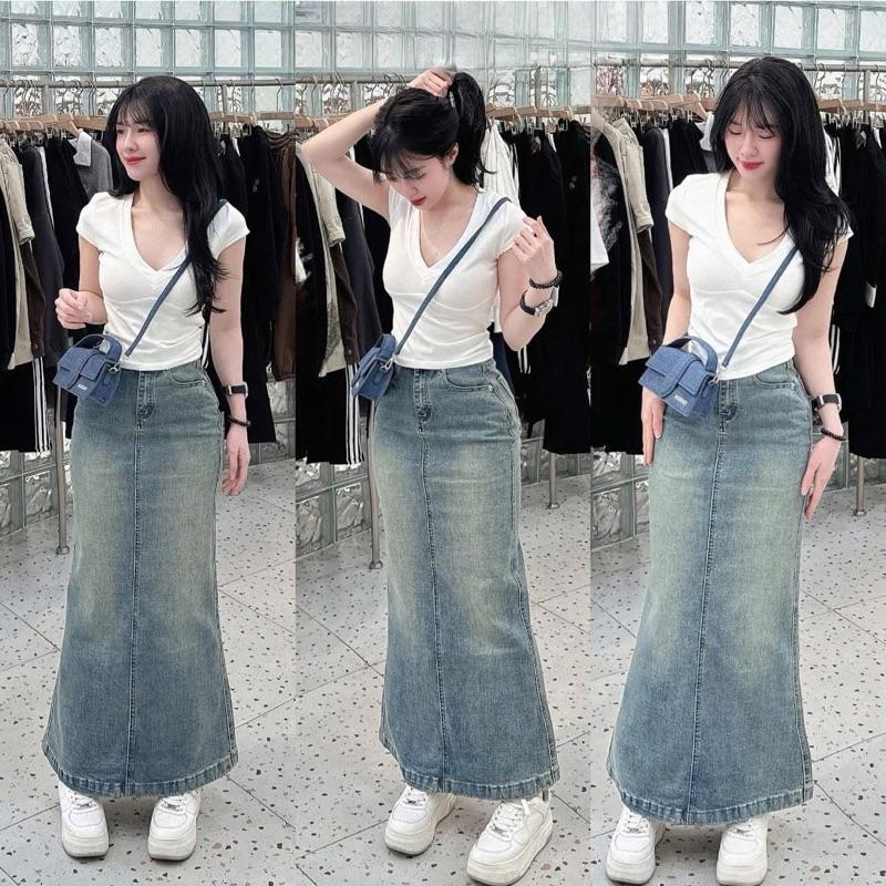 กระโปรงยีนส์บานยาวป้ายหนัง 93cm 7944 [AN TAY STORE68]