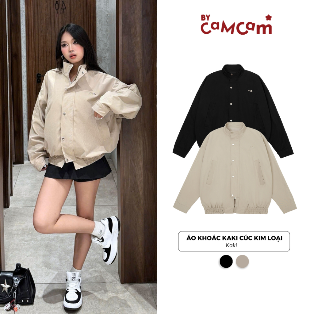 เสื้อแจ็คเก็ตสีกากี Bycamcam ปุ่มโลหะ Basic Stand Collar AKHD069