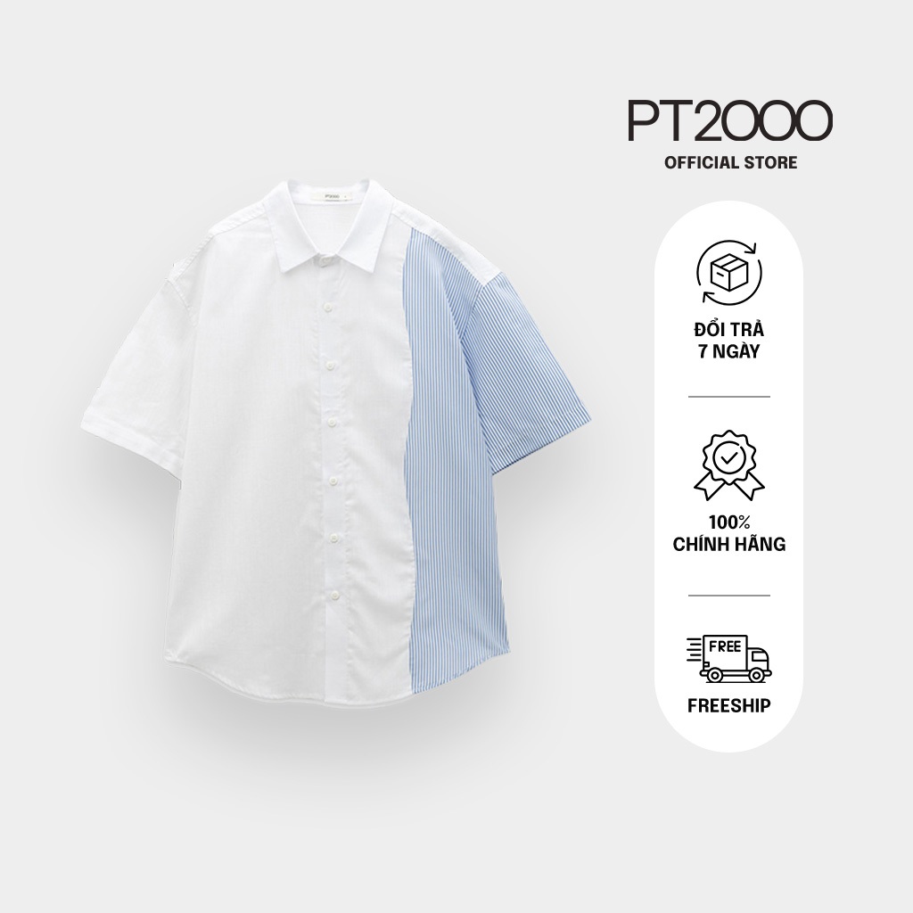 เสื้อเชิ้ตผู้ชายลายตรงแขนสั้น PT2000 ผ้าคอตตอนเท่ๆ อ่อนเยาว์ (SMM-M102)