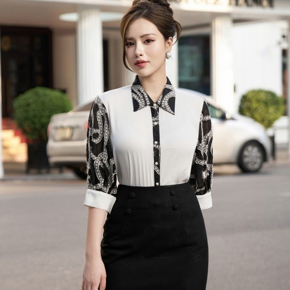 MY WAY เสื้อเชิ้ตสํานักงานผู้หญิง คอปกเยอรมัน ลายหรูหรา 2MA0276