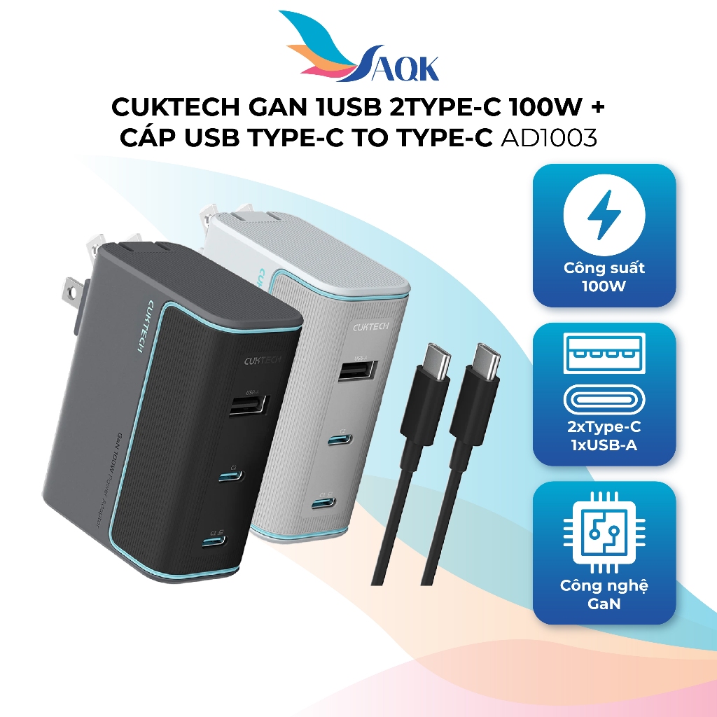 Cuktech GaN 1USB 2Type-C 100W charger Combo + สาย USB Type-C to Type-C AD1003 - สินค้าของแท้